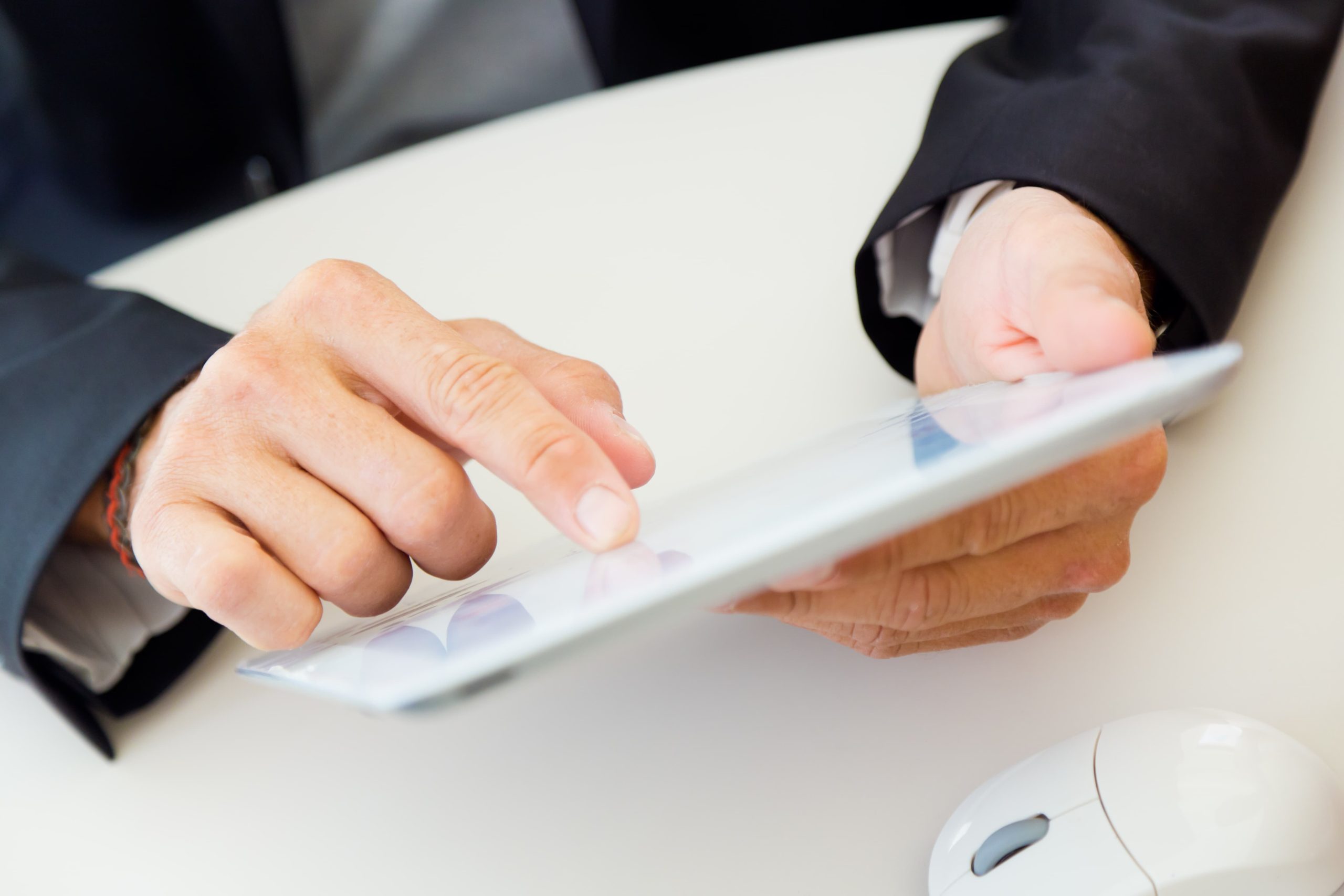 closeup portrait office worker hands with tablet