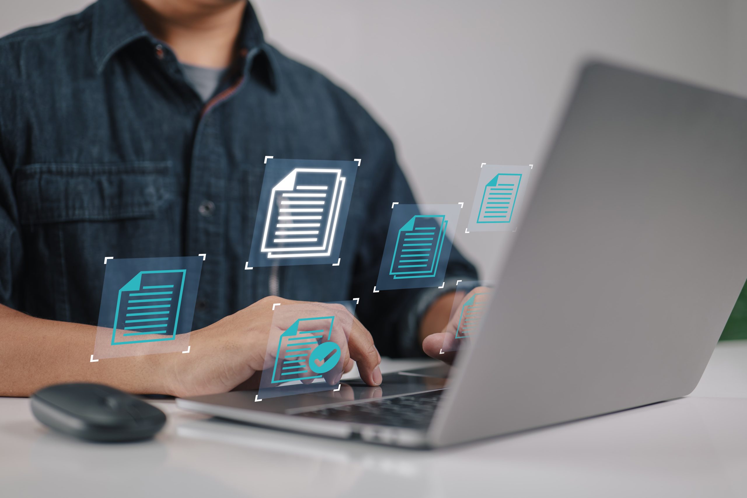 concept businessman using laptop computer with document management icon as part data system business internet